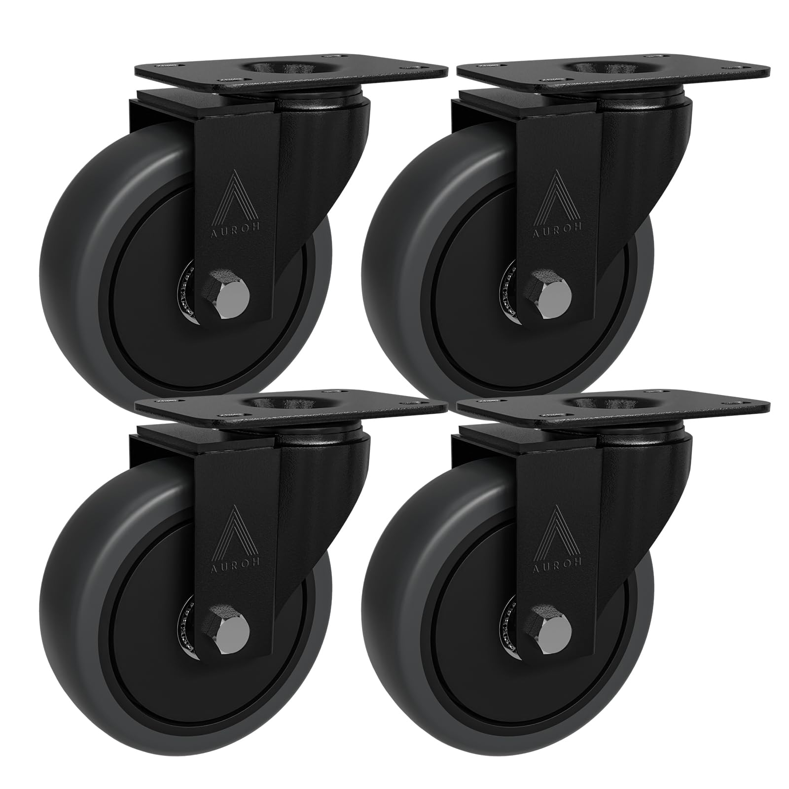 4x Heavy Duty Castor Wheels, Swivel Furniture Caster - 100mm up to 600KG - Pack of 4 (2 with Brakes) No Floor Marks Silent Caster for Furniture - Rubbered Trolley Wheels - Grey Castors