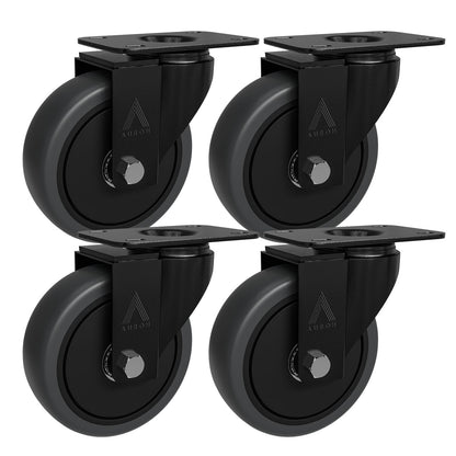 4x Heavy Duty Castor Wheels, Swivel Furniture Caster - 100mm up to 600KG - Pack of 4 (2 with Brakes) No Floor Marks Silent Caster for Furniture - Rubbered Trolley Wheels - Grey Castors