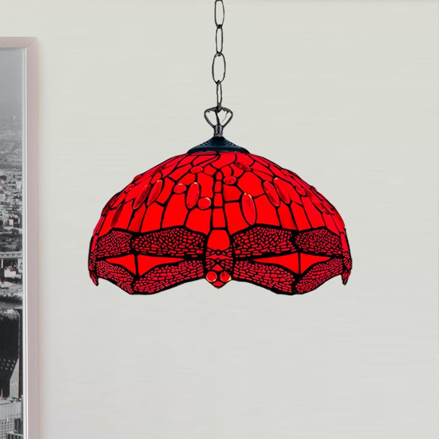 Tiffany Pendant Light 16 inch Handcrafted Lamp Shade Antique Dragonfly Design Pendant Ceiling Lights for Living Room Decor Home Decor Lounge