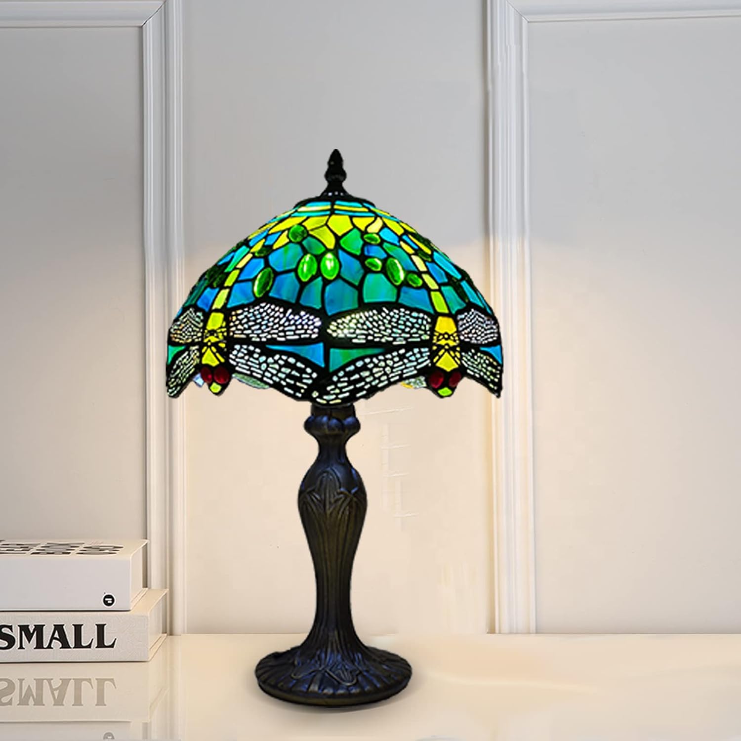 Tiffany Table Lamp Handcrafted Stained Glass Green Dragonfly Lampshade Stunning Quality Antique Design Table Lamps for Living Room Bedside Desk Bedroom Coffee Table (TFTL-1015)
