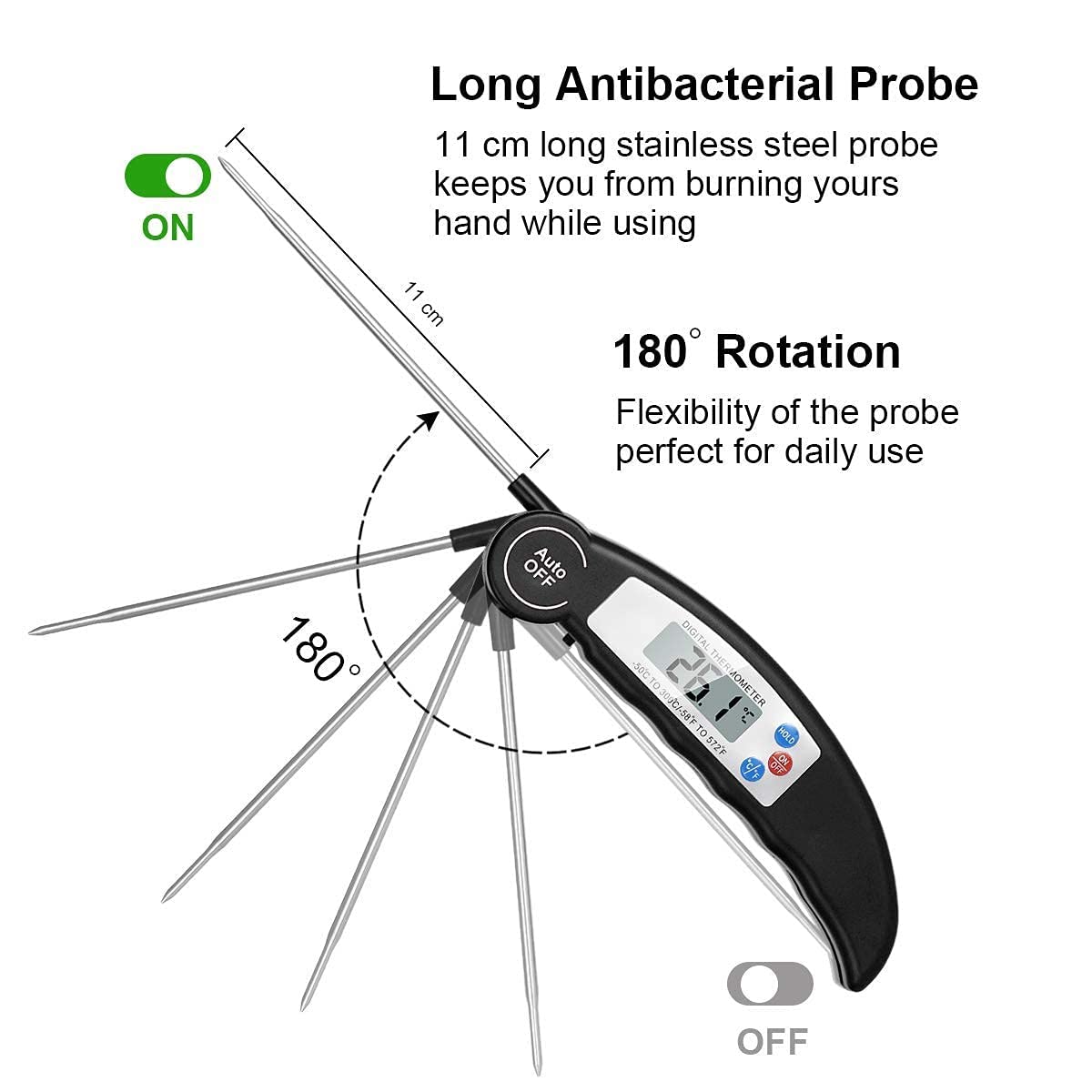 Auroh Food Thermometer with High Accuracy, Digital Cooking Thermometer with Foldable Long Probe + LCD Display, Instant Read Meat Thermometers for Kitchen Cooking, BBQ, Milk