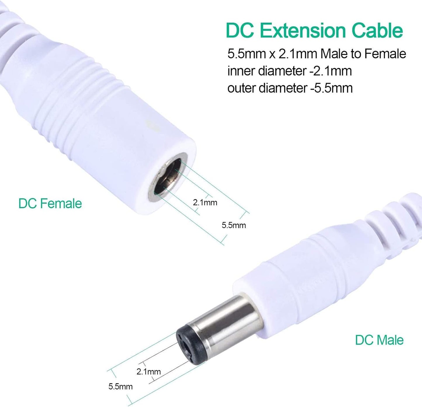 Auroh 2 Pack 16ft/5 Meters Power Extension Cable, 12V DC 5.5mm*2.1mm Male to Female Power Adapter Cord for 12V CCTV Security Camera, LED Strip String Light, Router and More Devices (White)