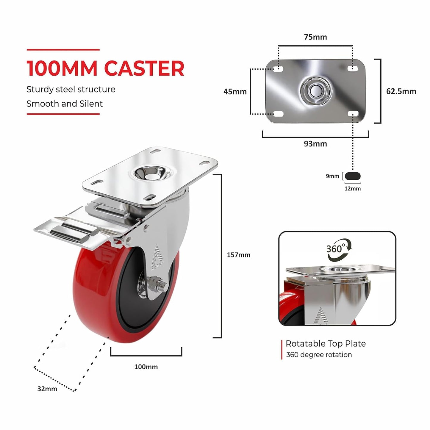4x Castor Wheels Large 100mm - 600KG Heavy Duty Rubber Swivel Furniture Caster - Set of 4 Wheels Low Noise Castors for Furniture (Pack of 4 (2 with Brakes & 2 without Brakes))