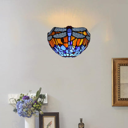 Tiffany Style Wall Lamp, 12 Inch Wall Sconce Light Blue Dragonfly Design Stained Glass Sconce for Room, Lounge, Corridor, Hallway (TWL-1002)
