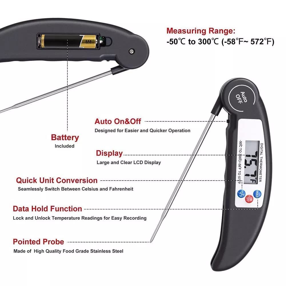 Auroh Food Thermometer with High Accuracy, Digital Cooking Thermometer with Foldable Long Probe + LCD Display, Instant Read Meat Thermometers for Kitchen Cooking, BBQ, Milk
