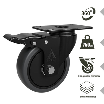 4x Heavy Duty Castor Wheels, Swivel Furniture Caster - 100mm up to 600KG - Pack of 4 (2 with Brakes) No Floor Marks Silent Caster for Furniture - Rubbered Trolley Wheels - Grey Castors