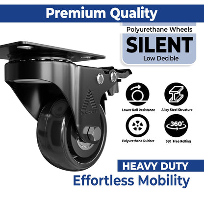 Black Castor Wheels Rubber Swivel Castors 50mm for Furniture (Pack of 4 (2 with Brakes & 2 without Brakes))