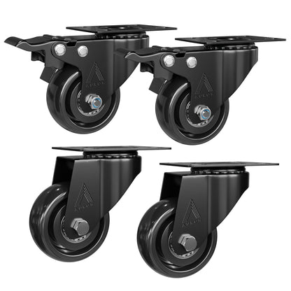 Black Castor Wheels Rubber Swivel Castors 50mm for Furniture (Pack of 4 (2 with Brakes & 2 without Brakes))