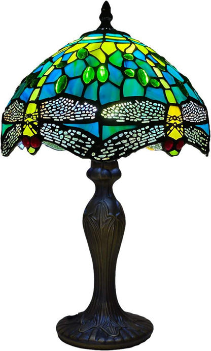Tiffany Table Lamp Handcrafted Stained Glass Green Dragonfly Lampshade Stunning Quality Antique Design Table Lamps for Living Room Bedside Desk Bedroom Coffee Table (TFTL-1015)