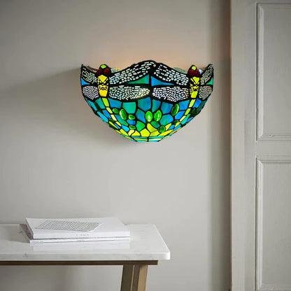 12 Inch Tiffany Style Wall Sconce Light, Green Dragonfly Design Stained Glass Wall Lamp Sconce for Room, Lounge, Corridor, Hallway (TWL-1015)