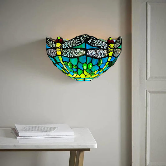 12 Inch Tiffany Style Wall Sconce Light, Green Dragonfly Design Stained Glass Wall Lamp Sconce for Room, Lounge, Corridor, Hallway (TWL-1015)