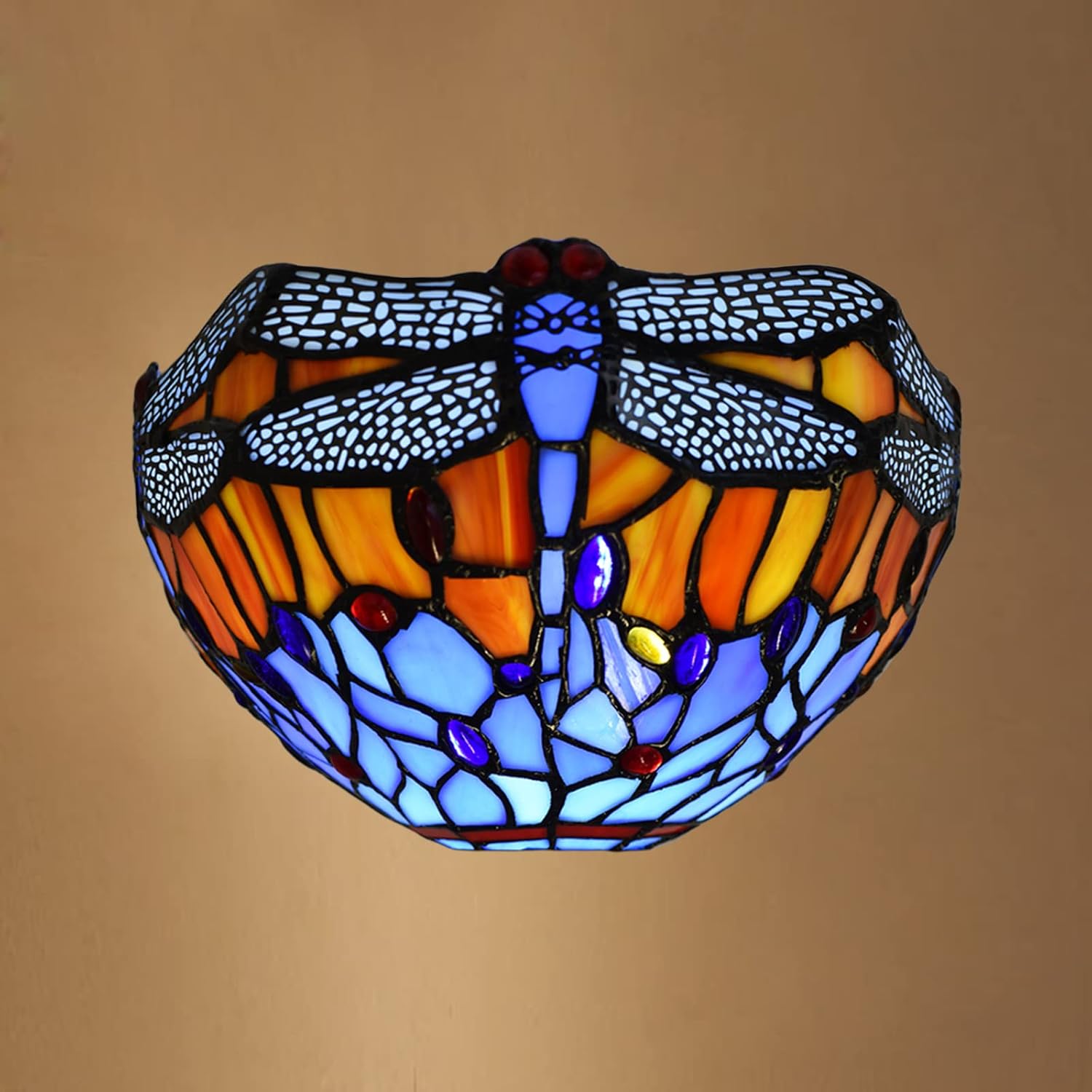 Tiffany Style Wall Lamp, 12 Inch Wall Sconce Light Blue Dragonfly Design Stained Glass Sconce for Room, Lounge, Corridor, Hallway (TWL-1002)