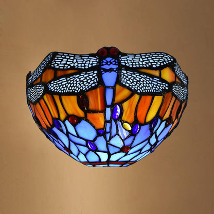 Tiffany Style Wall Lamp, 12 Inch Wall Sconce Light Blue Dragonfly Design Stained Glass Sconce for Room, Lounge, Corridor, Hallway (TWL-1002)