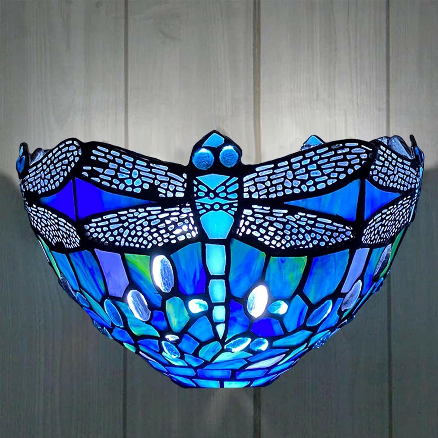12 Inch Tiffany Style Wall Sconce Light, Blue Dragonfly Design Stained Glass Wall Lamp Sconce for Room, Lounge, Corridor, Hallway (TWL-1007)