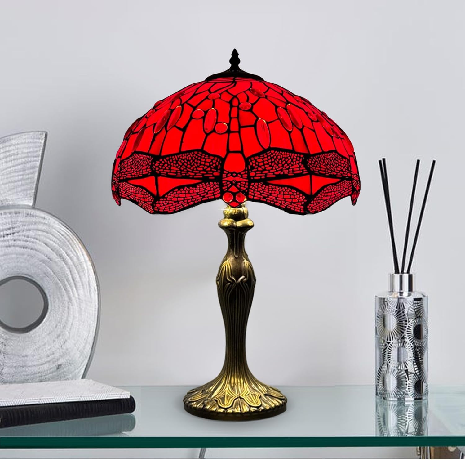 Tiffany Table Lamp 16 inch Handcrafted Lamp Shade Antique Dragonfly Design Table Lamps for Living Room Decor Home Decor Hallway Gallery