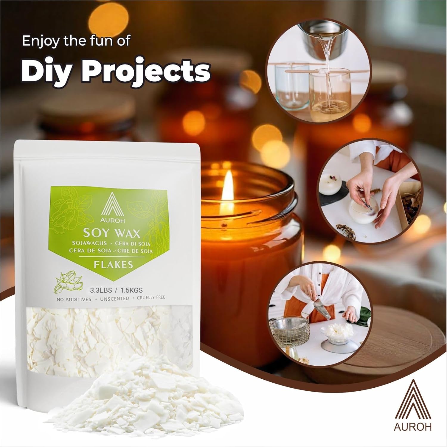 Auroh Candle Wax Flakes - 1.5KG of Natural Soy Wax for Candle Making - Biodegradable and Eco-Friendly Wax for Wax Melts, Crafting, and DIY Projects - Clean Burning with no soot.