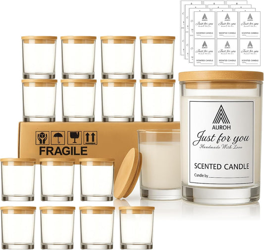 Auroh 15 Pack Glass Candle Jars with Bamboo Lids - 7 OZ Transparent Candle Containers for Candle making - Ideal candle making supplies for professionals as well as hobbyists