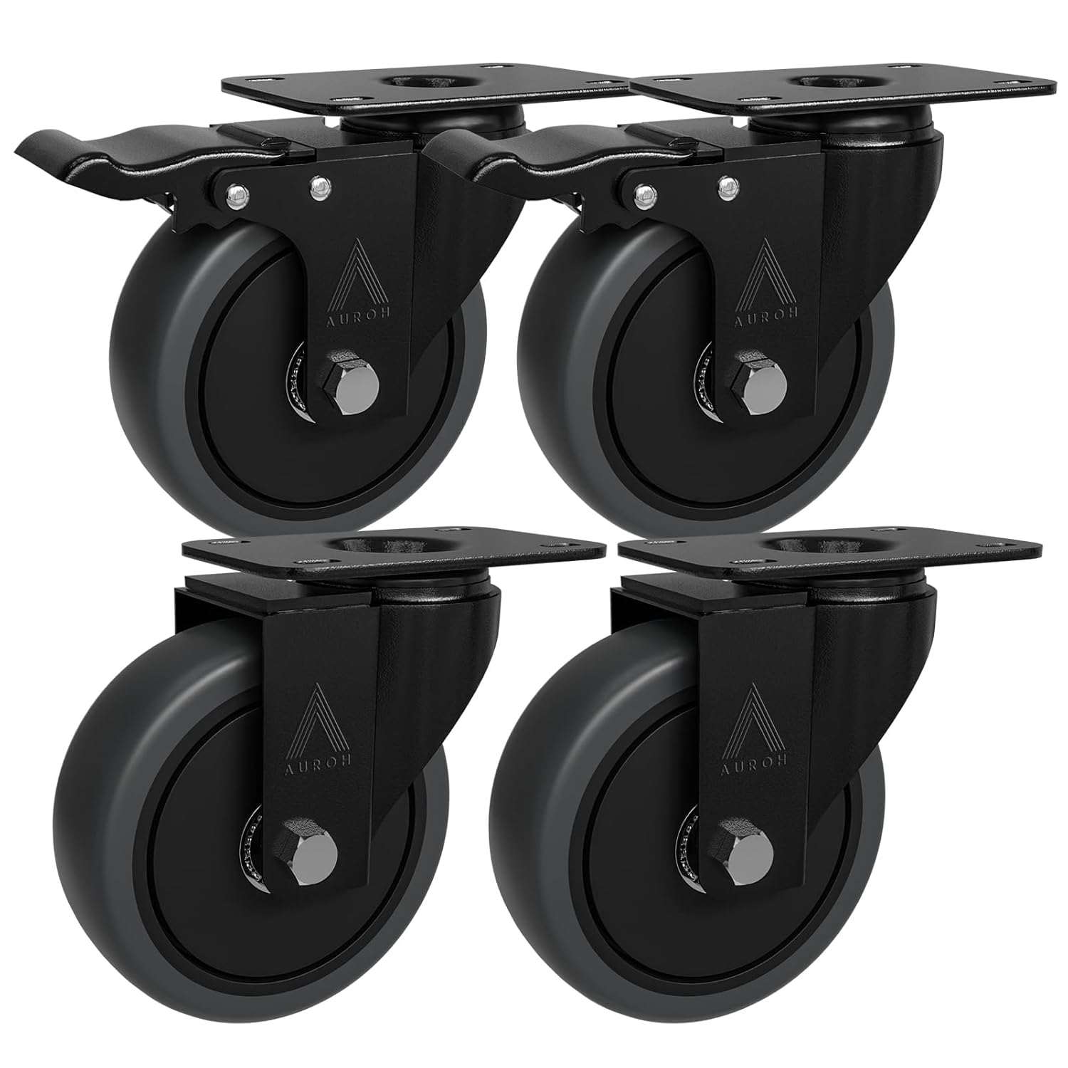 4x Heavy Duty Castor Wheels, Swivel Furniture Caster - 100mm up to 600KG - Pack of 4 (2 with Brakes) No Floor Marks Silent Caster for Furniture - Rubbered Trolley Wheels - Grey Castors