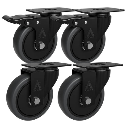 4x Heavy Duty Castor Wheels, Swivel Furniture Caster - 100mm up to 600KG - Pack of 4 (2 with Brakes) No Floor Marks Silent Caster for Furniture - Rubbered Trolley Wheels - Grey Castors