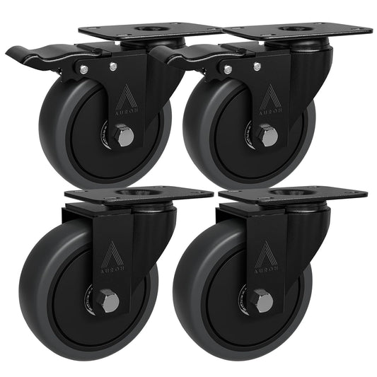 4x Heavy Duty Castor Wheels, Swivel Furniture Caster - 100mm up to 600KG - Pack of 4 (2 with Brakes) No Floor Marks Silent Caster for Furniture - Rubbered Trolley Wheels - Grey Castors