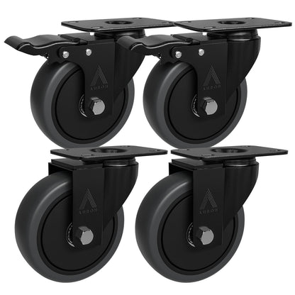 4x Heavy Duty Castor Wheels, Swivel Furniture Caster - 100mm up to 600KG - Pack of 4 (2 with Brakes) No Floor Marks Silent Caster for Furniture - Rubbered Trolley Wheels - Grey Castors
