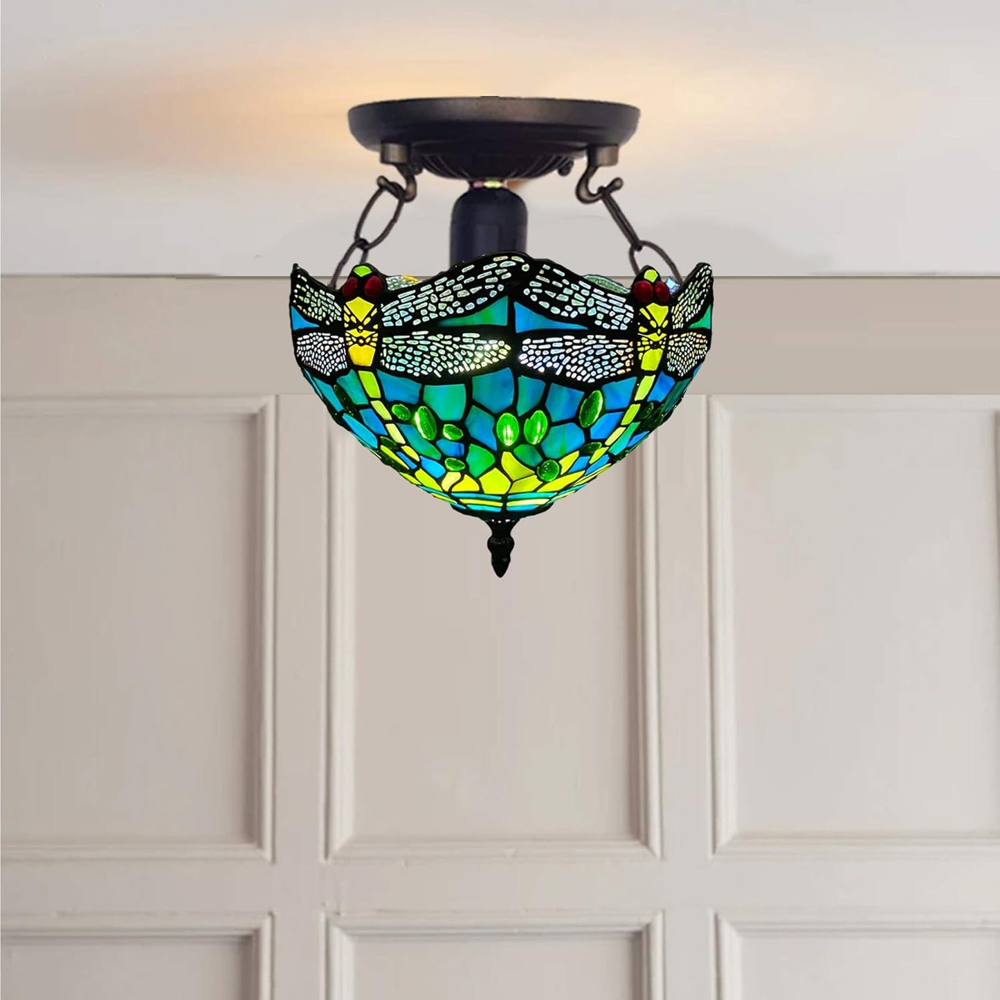 Tiffany Style Ceiling Lamps Stained Glass Handcrafted Lamp Shades Antique Design Ceiling Light for Living Room Bedroom Lounge Hallway (C-1015)