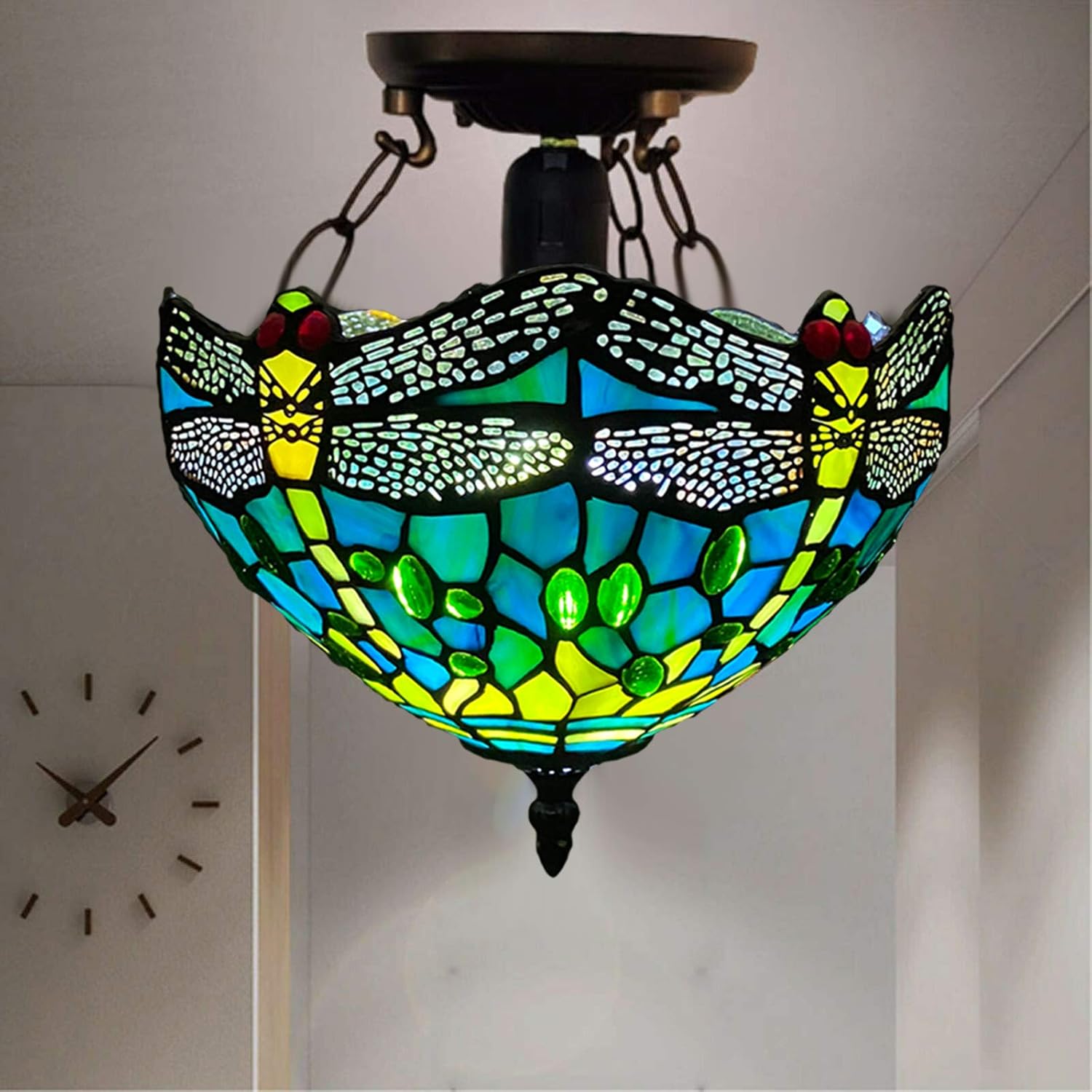Tiffany Style Ceiling Lamps Stained Glass Handcrafted Lamp Shades Antique Design Ceiling Light for Living Room Bedroom Lounge Hallway (C-1015)