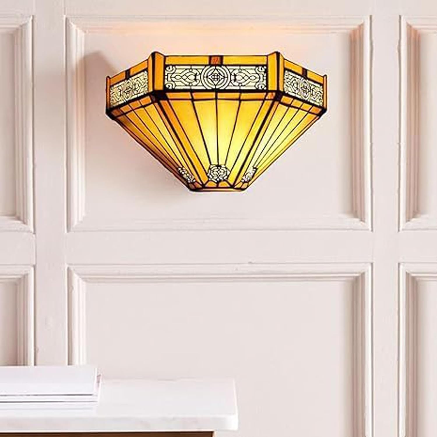 12 Inch Tiffany Style Wall Sconce Light, Yellow Hexagon Vintage Stained Glass Wall Lamp Sconce for Room, Lounge, Corridor, Hallway (TWL-1005)