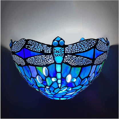 12 Inch Tiffany Style Wall Sconce Light, Blue Dragonfly Design Stained Glass Wall Lamp Sconce for Room, Lounge, Corridor, Hallway (TWL-1007)