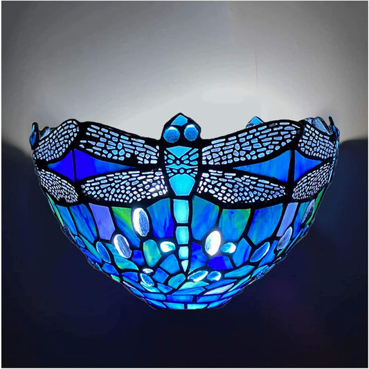 12 Inch Tiffany Style Wall Sconce Light, Blue Dragonfly Design Stained Glass Wall Lamp Sconce for Room, Lounge, Corridor, Hallway (TWL-1007)