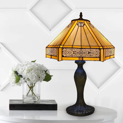 Tiffany Table Lamp Handcrafted 16 inch Stained Glass Lamp Shades Antique Design Stunning Quality Desk Lamp for Living Room Bedroom Bedside Lamps Coffee Table Yellow (TFTL-1605)