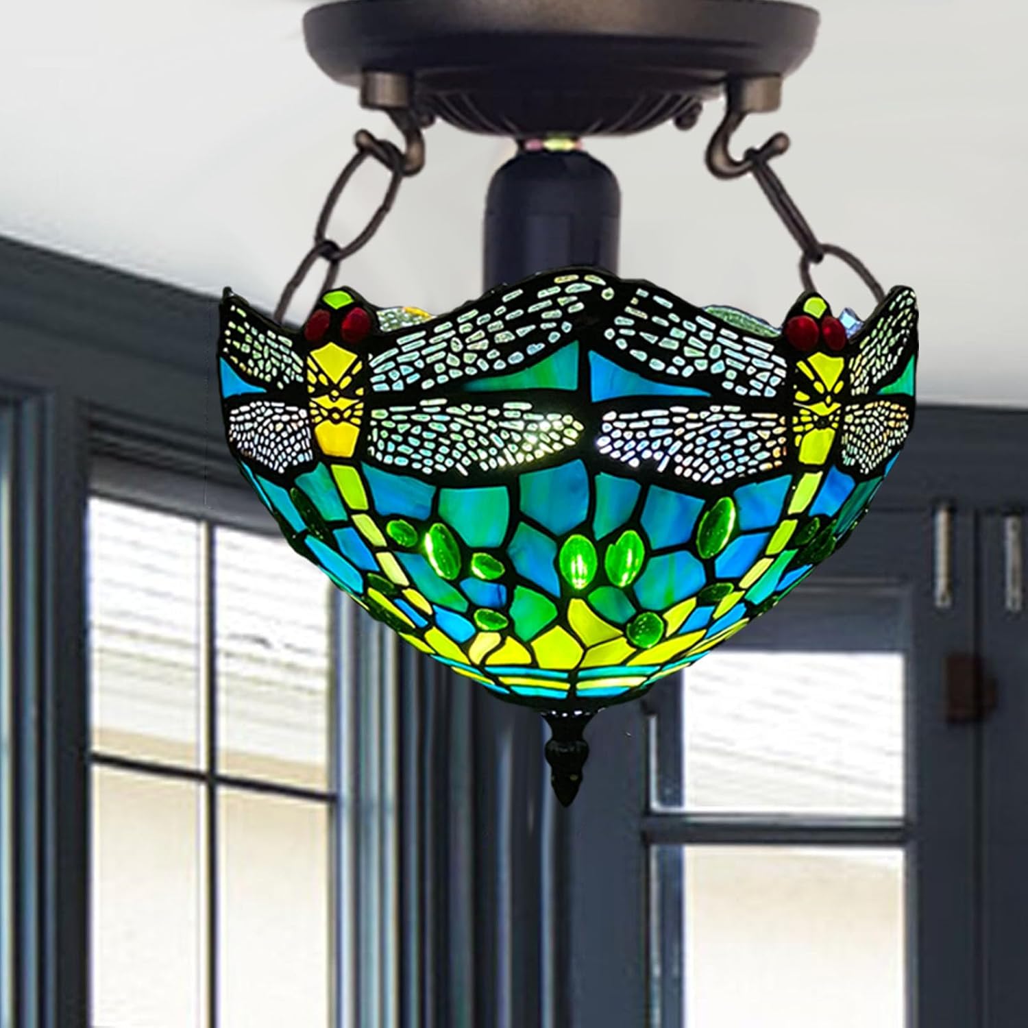 Tiffany Style Ceiling Lamps Stained Glass Handcrafted Lamp Shades Antique Design Ceiling Light for Living Room Bedroom Lounge Hallway (C-1015)