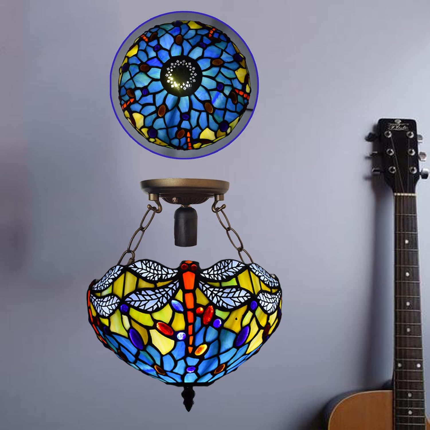 Tiffany Style Ceiling Lamps Stained Glass Handcrafted Lamp Shades Antique Design Ceiling Light for Living Room Bedroom Lounge Hallway (C-1003)