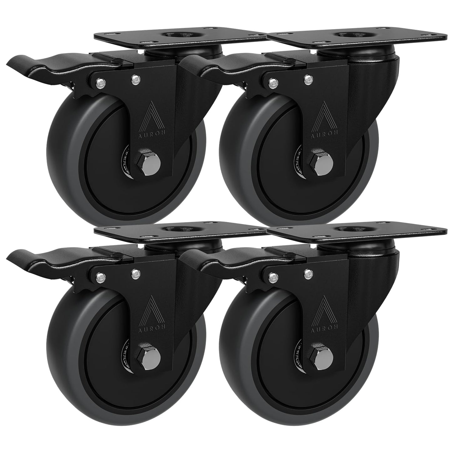 4x Heavy Duty Castor Wheels, Swivel Furniture Caster - 100mm up to 600KG - Pack of 4 (2 with Brakes) No Floor Marks Silent Caster for Furniture - Rubbered Trolley Wheels - Grey Castors