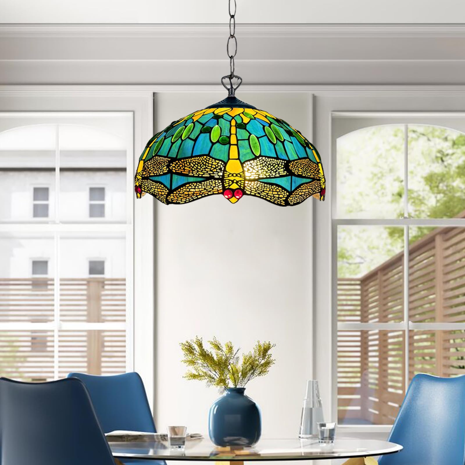 Tiffany Pendant Light 16 inch Handcrafted Lamp Shade Antique Dragonfly Design Pendant Ceiling Lights for Living Room Decor Home Decor Lounge