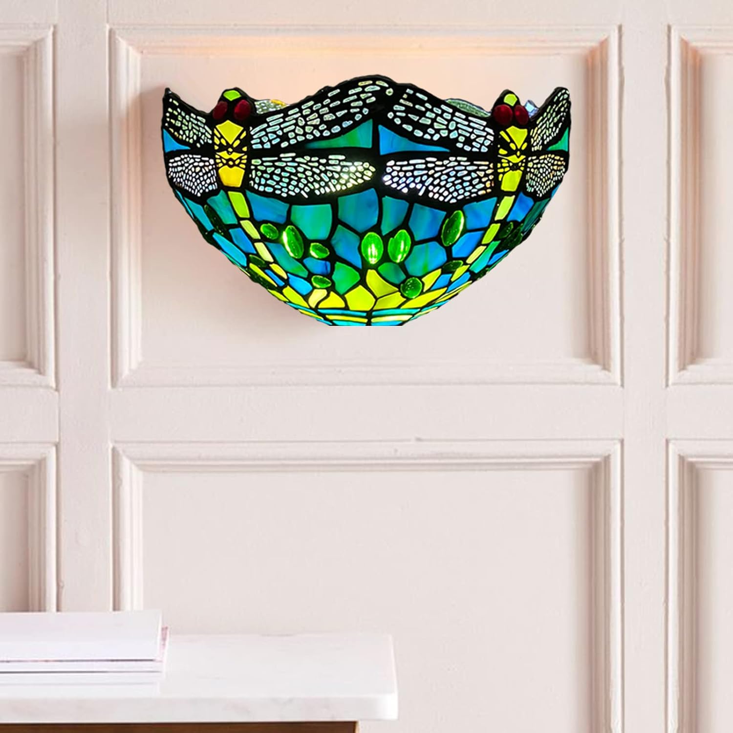 12 Inch Tiffany Style Wall Sconce Light, Green Dragonfly Design Stained Glass Wall Lamp Sconce for Room, Lounge, Corridor, Hallway (TWL-1015)