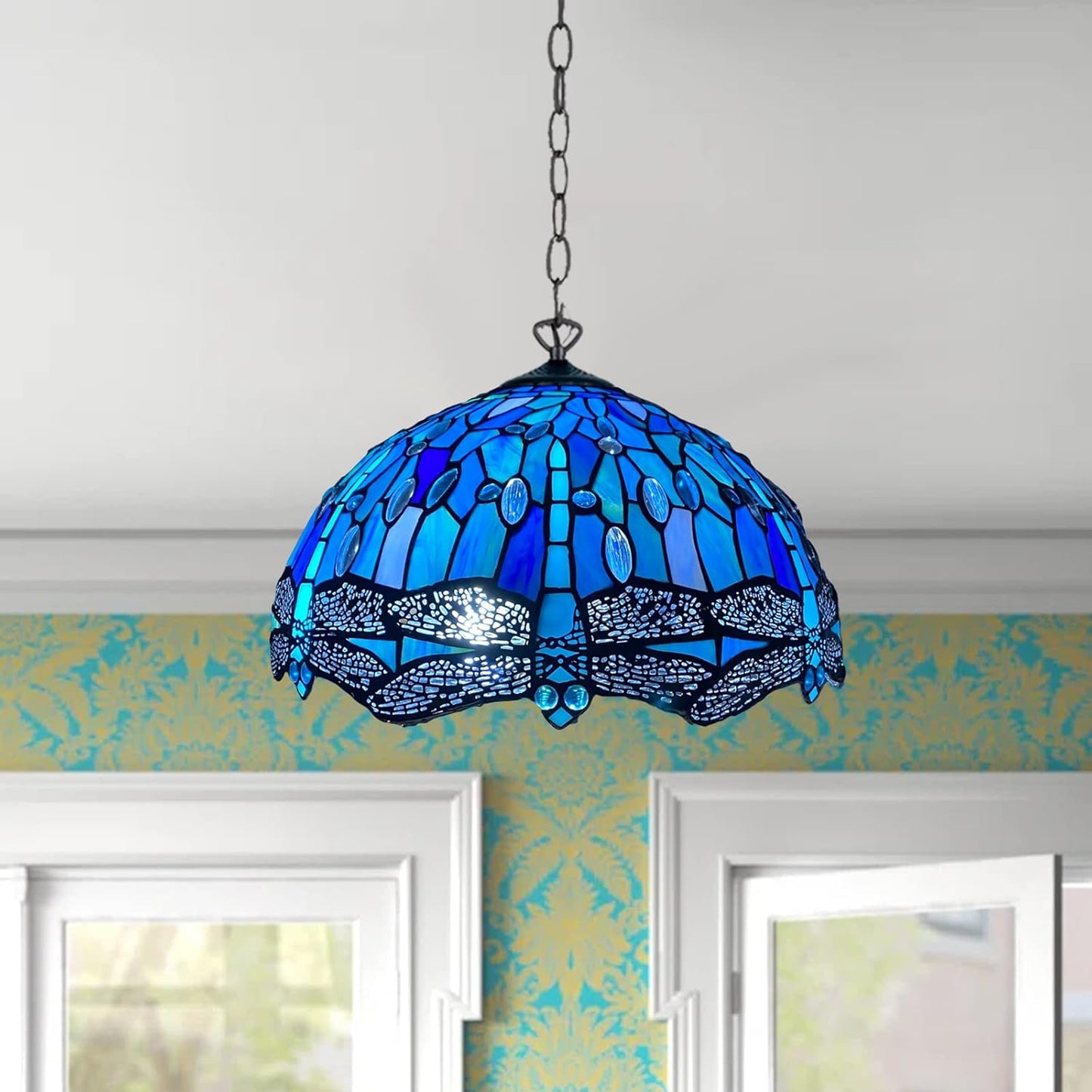 Tiffany Pendant Lamps Handcrafted Stained Glass 16 inch Lamp Shades Stunning Quality Antique Design Pendant Lamps for Living Room Bedroom Lounge Hallway (P-1607)