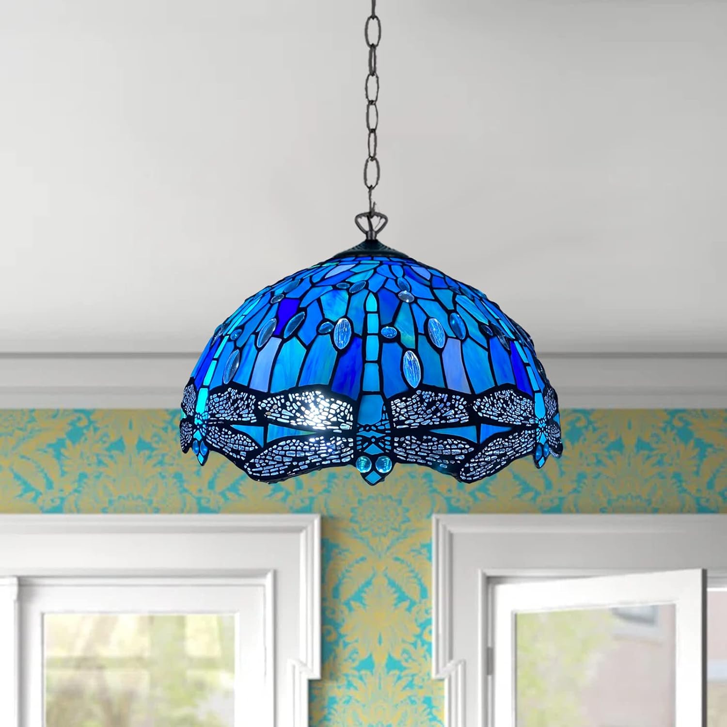 Tiffany Pendant Lamps Handcrafted Stained Glass 16 inch Lamp Shades Stunning Quality Antique Design Pendant Lamps for Living Room Bedroom Lounge Hallway (P-1607)