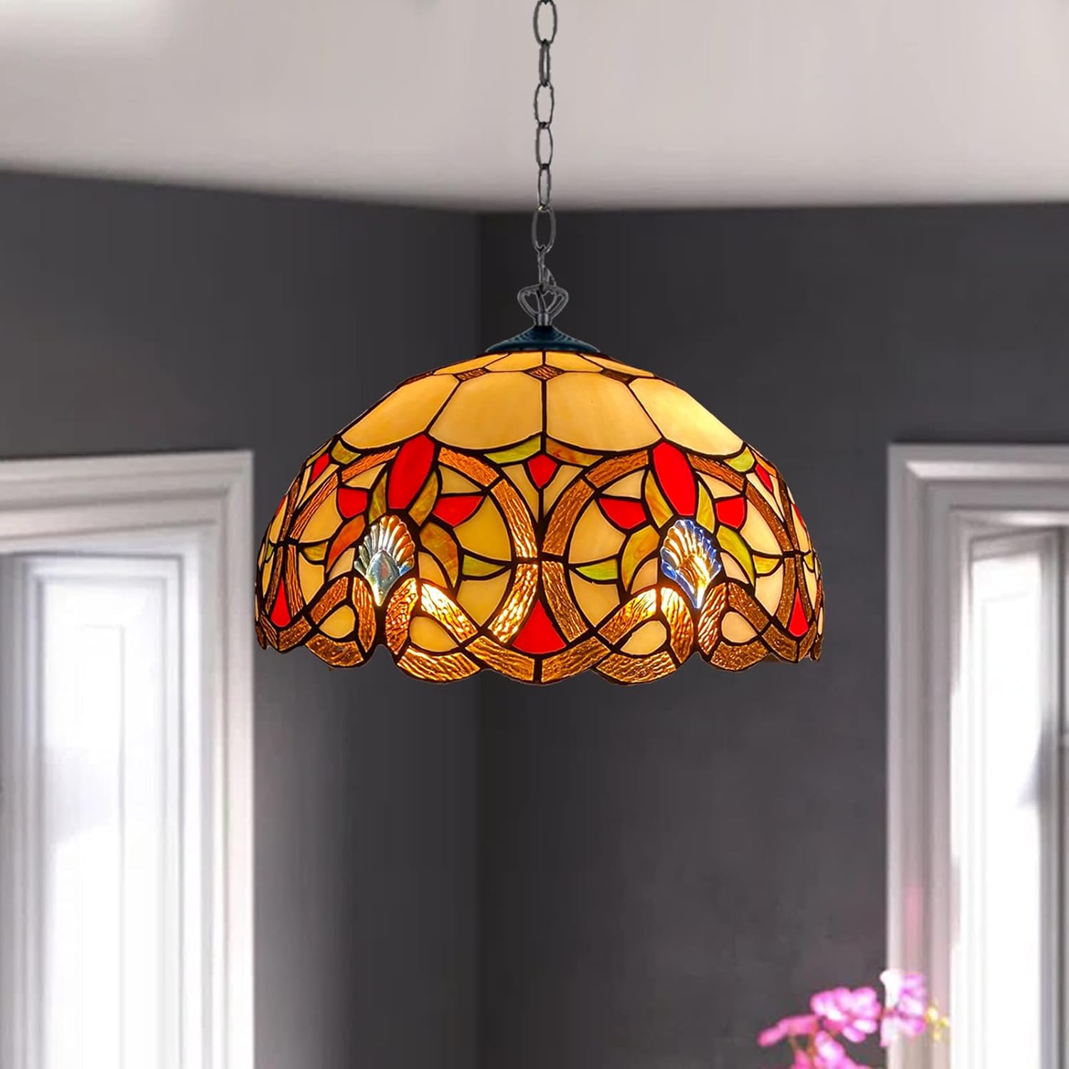 Tiffany Pendant Lamps Handcrafted Stained Glass 16 inch Lamp Shades Stunning Quality Antique Design Pendant Lamps for Living Room Bedroom Lounge Hallway (P-1650)