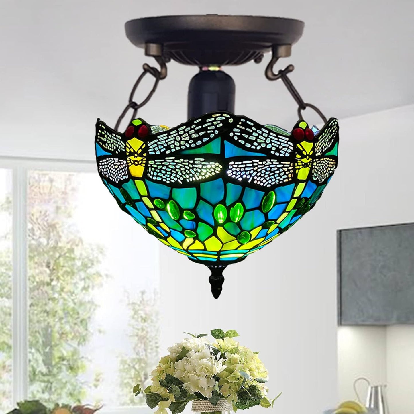 Tiffany Style Ceiling Lamps Stained Glass Handcrafted Lamp Shades Antique Design Ceiling Light for Living Room Bedroom Lounge Hallway (C-1015)