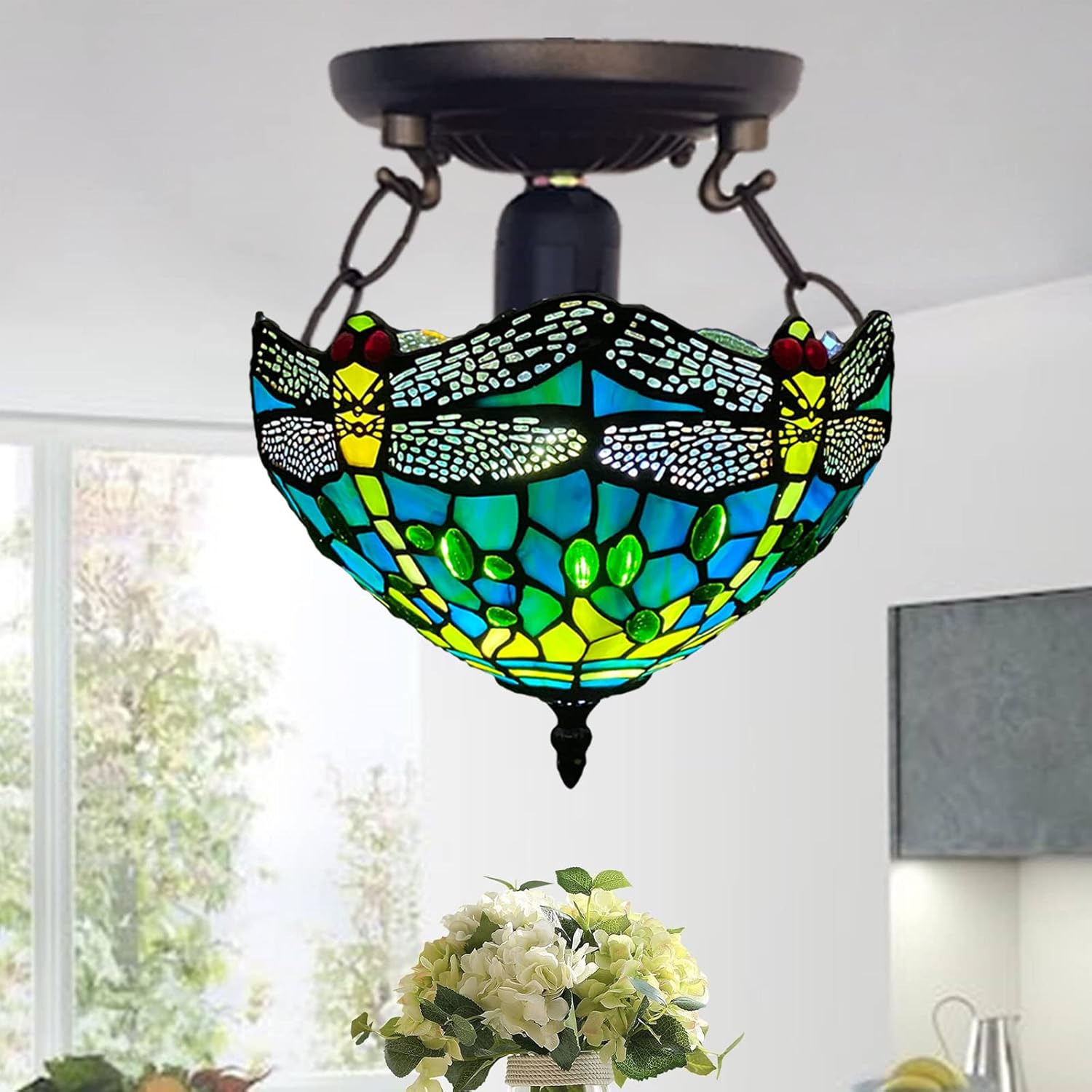 Tiffany Style Ceiling Lamps Stained Glass Handcrafted Lamp Shades Antique Design Ceiling Light for Living Room Bedroom Lounge Hallway (C-1015)