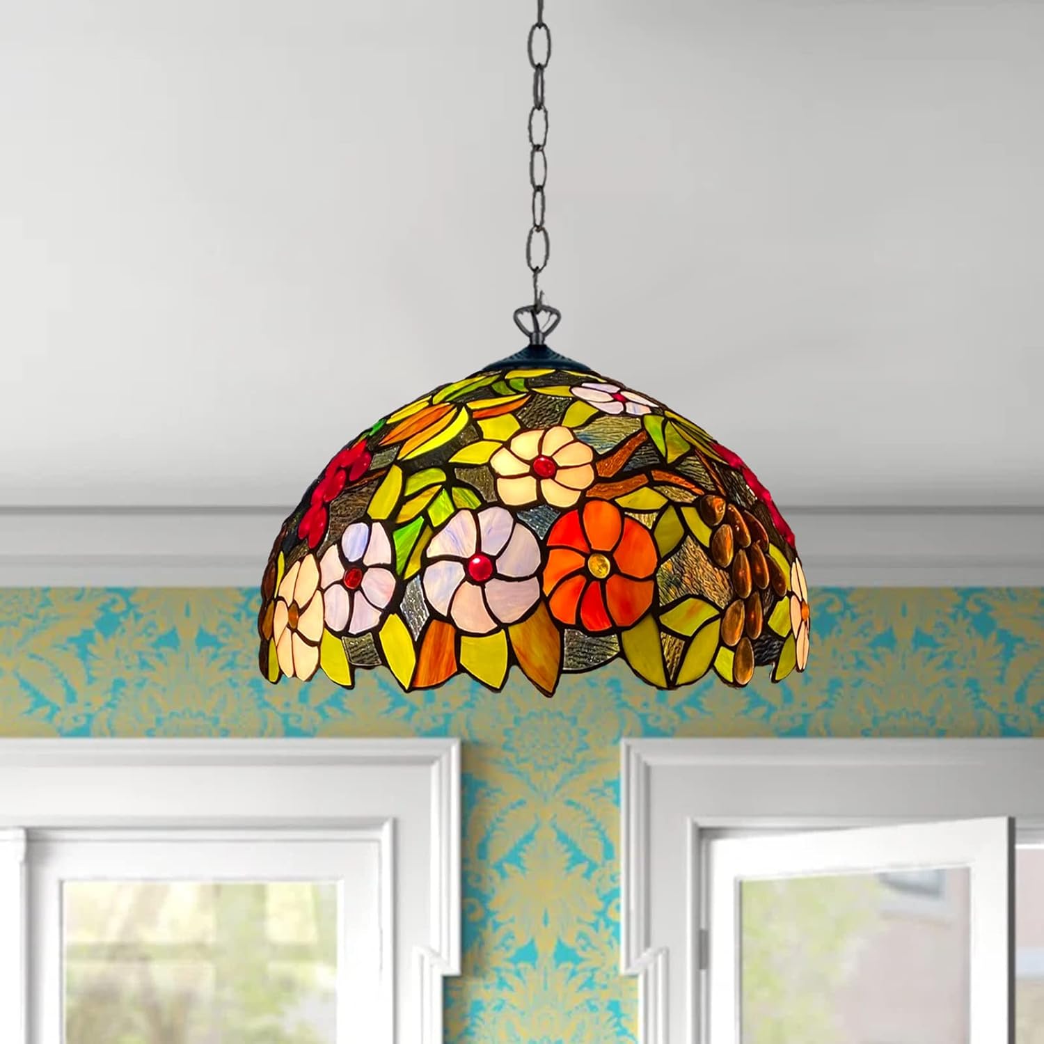 Tiffany Pendant Lamps Handcrafted Stained Glass 16 inch Lamp Shades Stunning Quality Antique Design Pendant Lamps for Living Room Bedroom Lounge Hallway (P-1609)