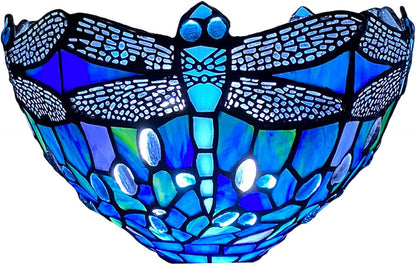 12 Inch Tiffany Style Wall Sconce Light, Blue Dragonfly Design Stained Glass Wall Lamp Sconce for Room, Lounge, Corridor, Hallway (TWL-1007)