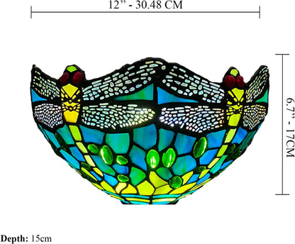 12 Inch Tiffany Style Wall Sconce Light, Green Dragonfly Design Stained Glass Wall Lamp Sconce for Room, Lounge, Corridor, Hallway (TWL-1015)