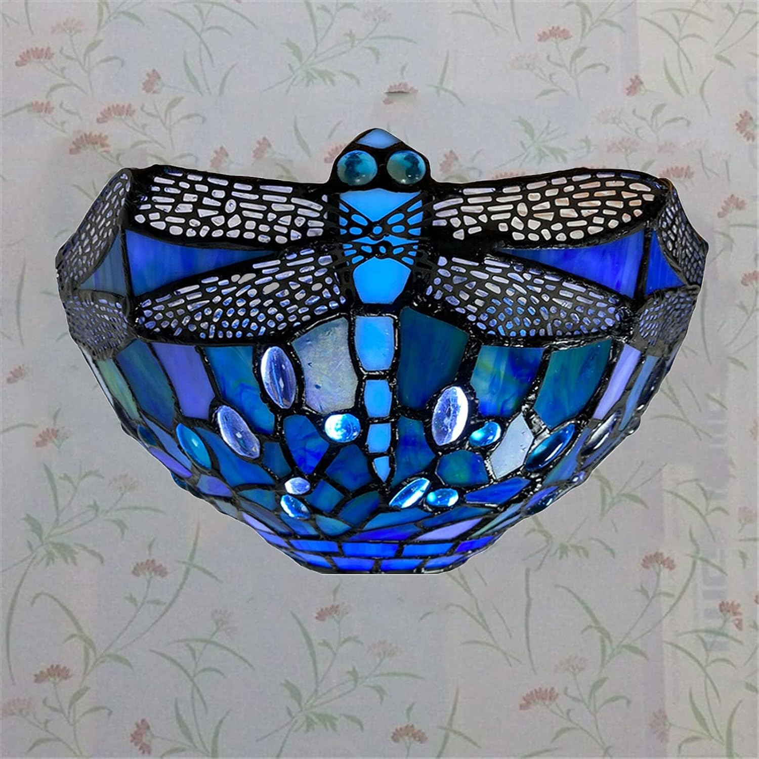 12 Inch Tiffany Style Wall Sconce Light, Blue Dragonfly Design Stained Glass Wall Lamp Sconce for Room, Lounge, Corridor, Hallway (TWL-1007)