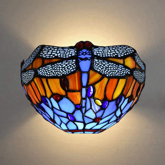 Tiffany Style Wall Lamp, 12 Inch Wall Sconce Light Blue Dragonfly Design Stained Glass Sconce for Room, Lounge, Corridor, Hallway (TWL-1002)
