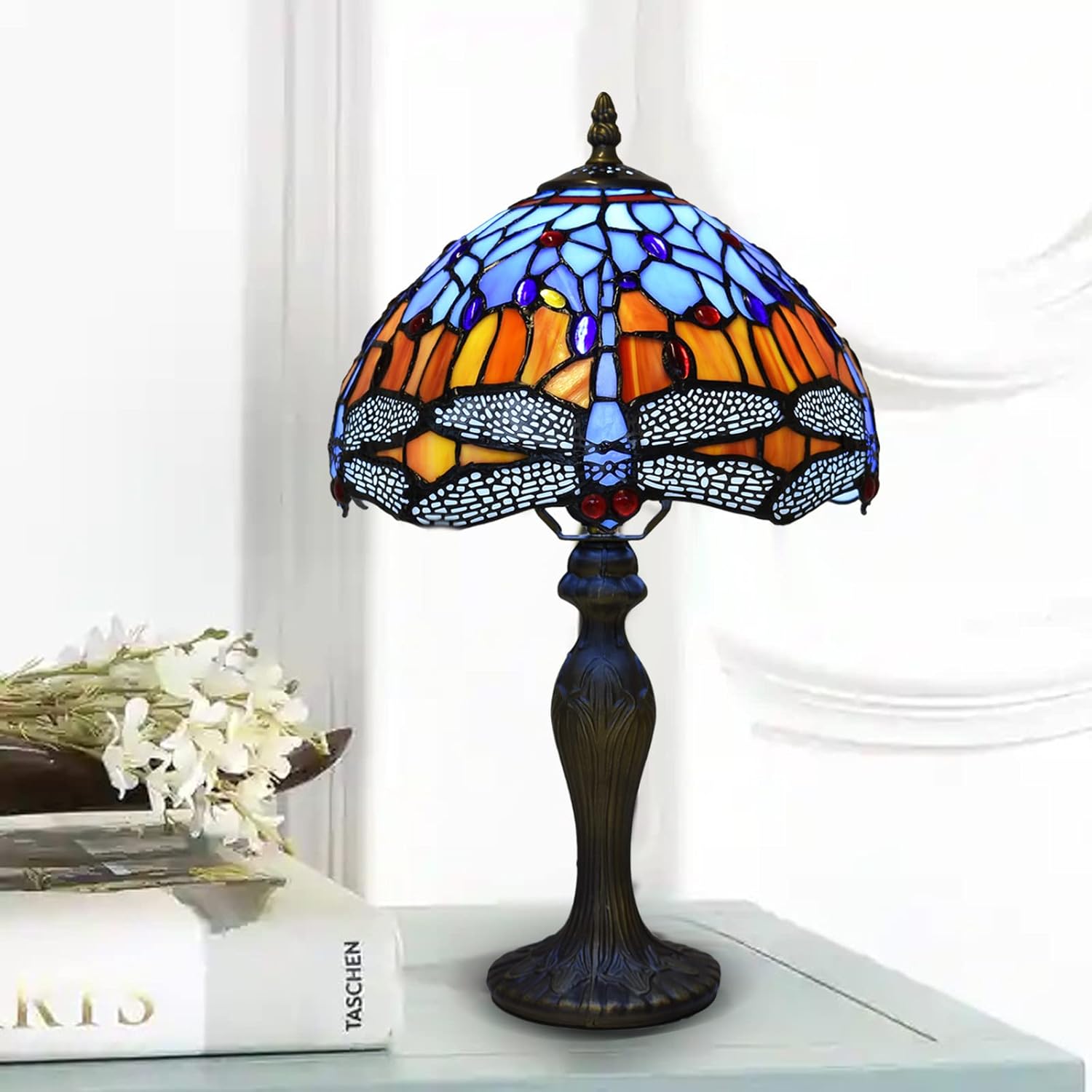 Tiffany Lamps Antique Dragonfly Design Handcrafted Stained Glass Lampshade Stunning Quality Base Table Lamps for Living Room Bedside Desk Bedroom Coffee Table (TFTL-1002)