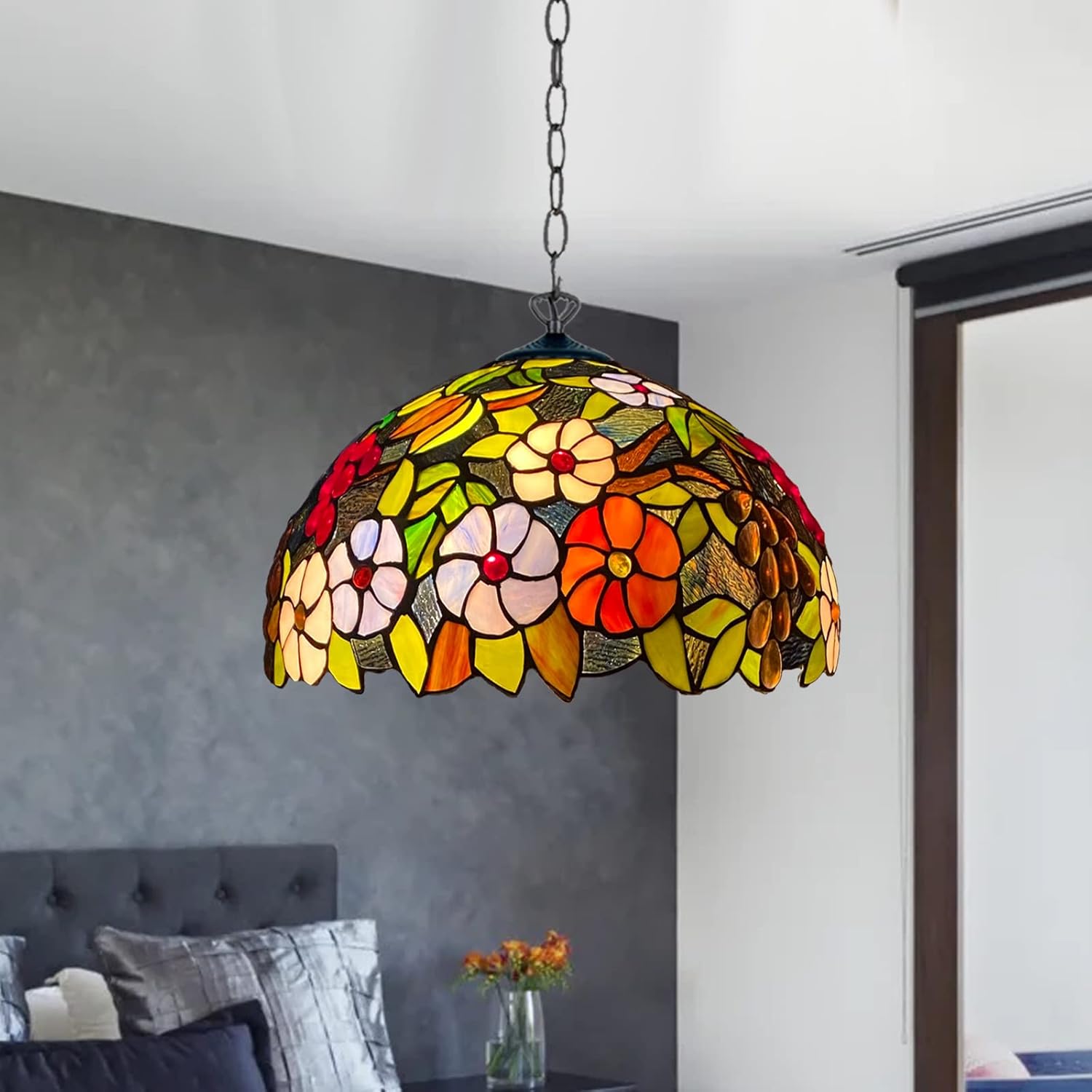 Tiffany Pendant Lamps Handcrafted Stained Glass 16 inch Lamp Shades Stunning Quality Antique Design Pendant Lamps for Living Room Bedroom Lounge Hallway (P-1609)