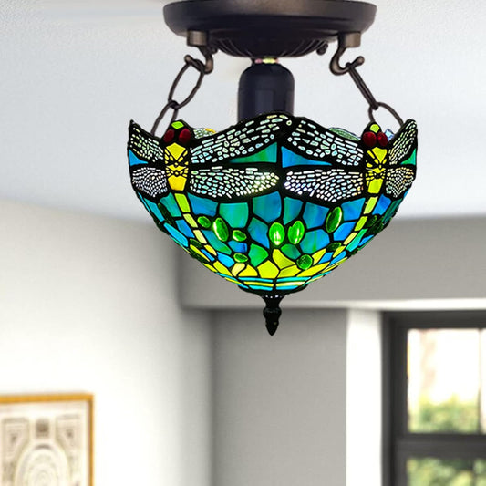 Tiffany Style Ceiling Lamps Stained Glass Handcrafted Lamp Shades Antique Design Ceiling Light for Living Room Bedroom Lounge Hallway (C-1015)