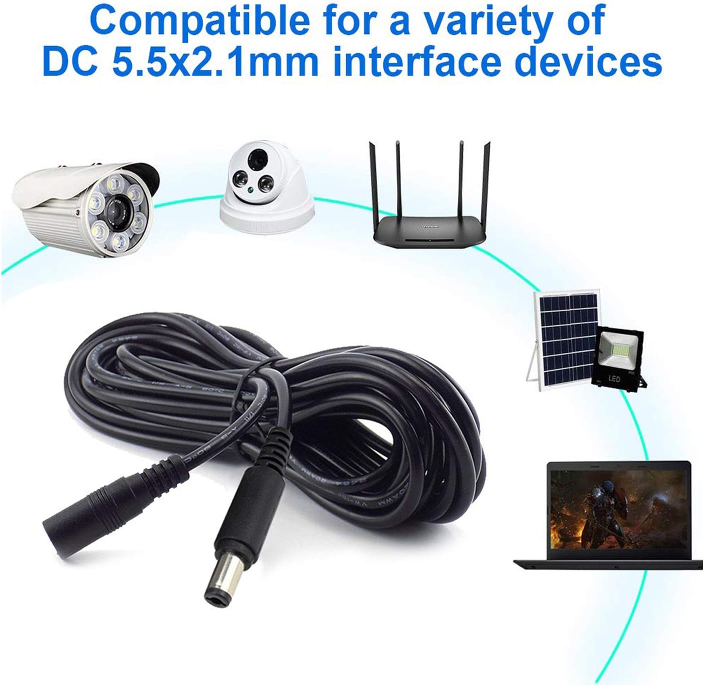 Auroh 5 Meter CCTV 2.1 x 5.5mm DC 12V Power Extension Cable Black Male to Female, Power Supply Adapter Extender Cord for CCTV Security Cameras, DVRs, LED Strips, Routers